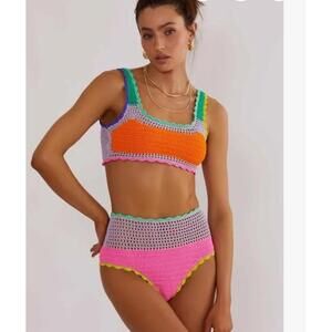 Beach Riot Wyatt Crochet High Waist Bikini Bottom Small Technicolor Rays Medium